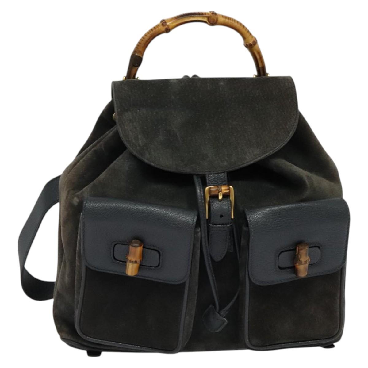 GUCCI Bamboo Backpack Suede Black Gold 003 2058 0016 Auth 131139