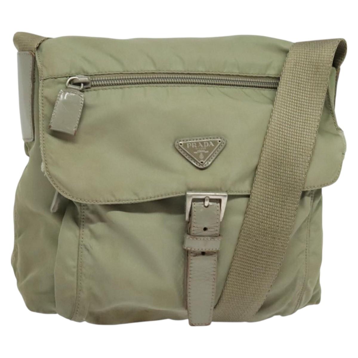 PRADA Shoulder Bag Nylon Khaki Silver Auth 131164