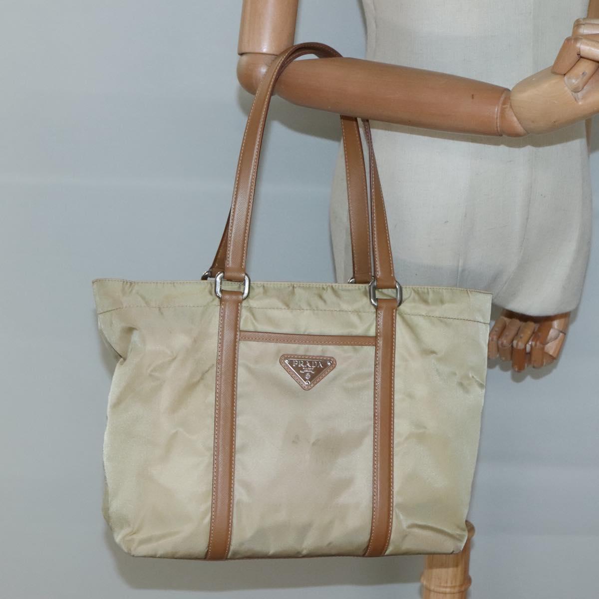PRADA Tote Bag Nylon Beige Silver Auth 131176
