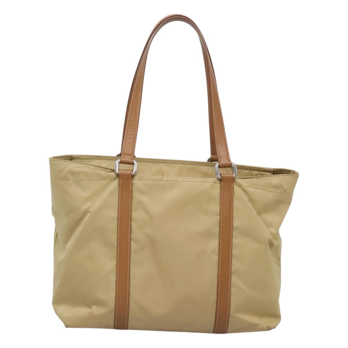 PRADA Tote Bag Nylon Beige Silver Auth 131176