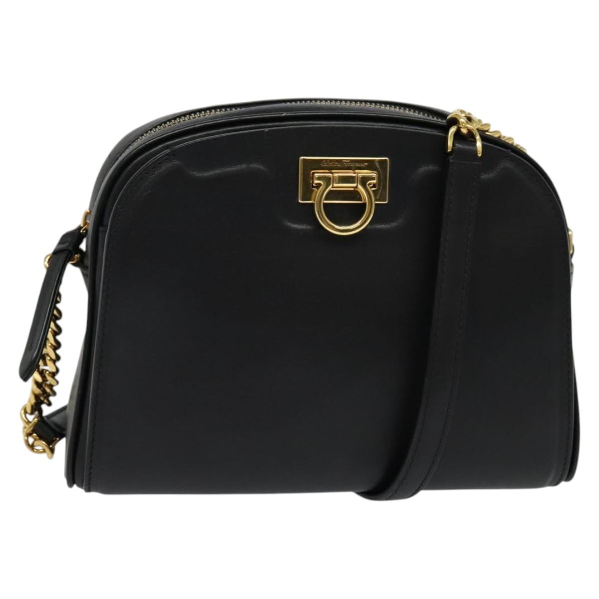 Salvatore Ferragamo Gancini Chain Shoulder Bag Leather Black Gold Auth 131182