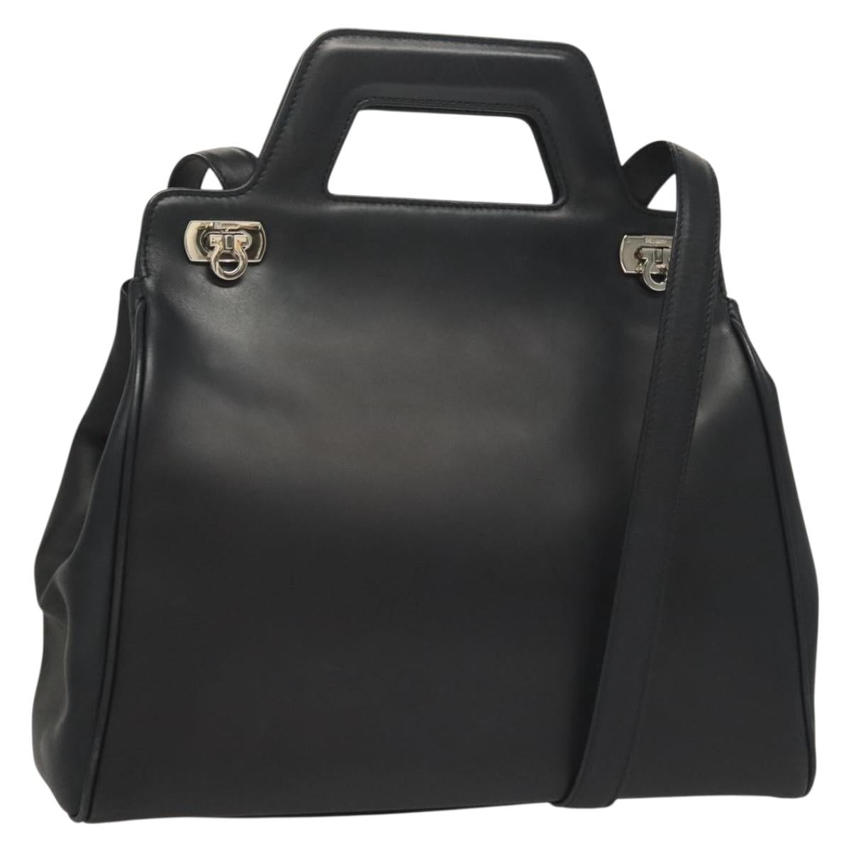 Salvatore Ferragamo Gancini Hand Bag Leather 2way Black Silver Auth 131183