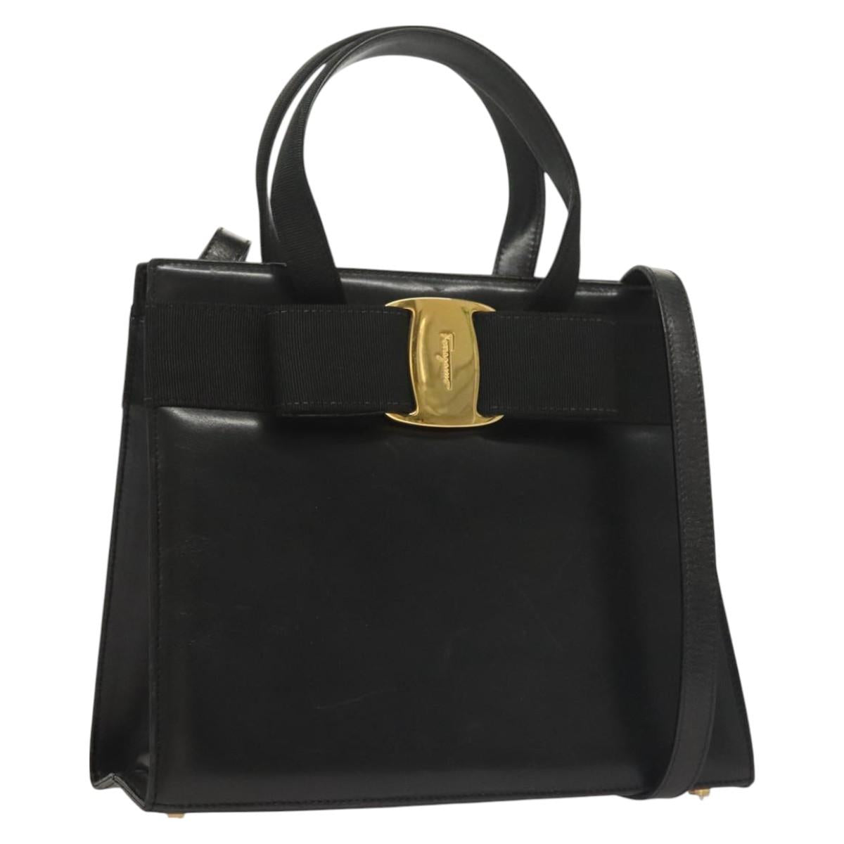 Salvatore Ferragamo Vala Hand Bag Leather 2way Black Gold Auth 131185