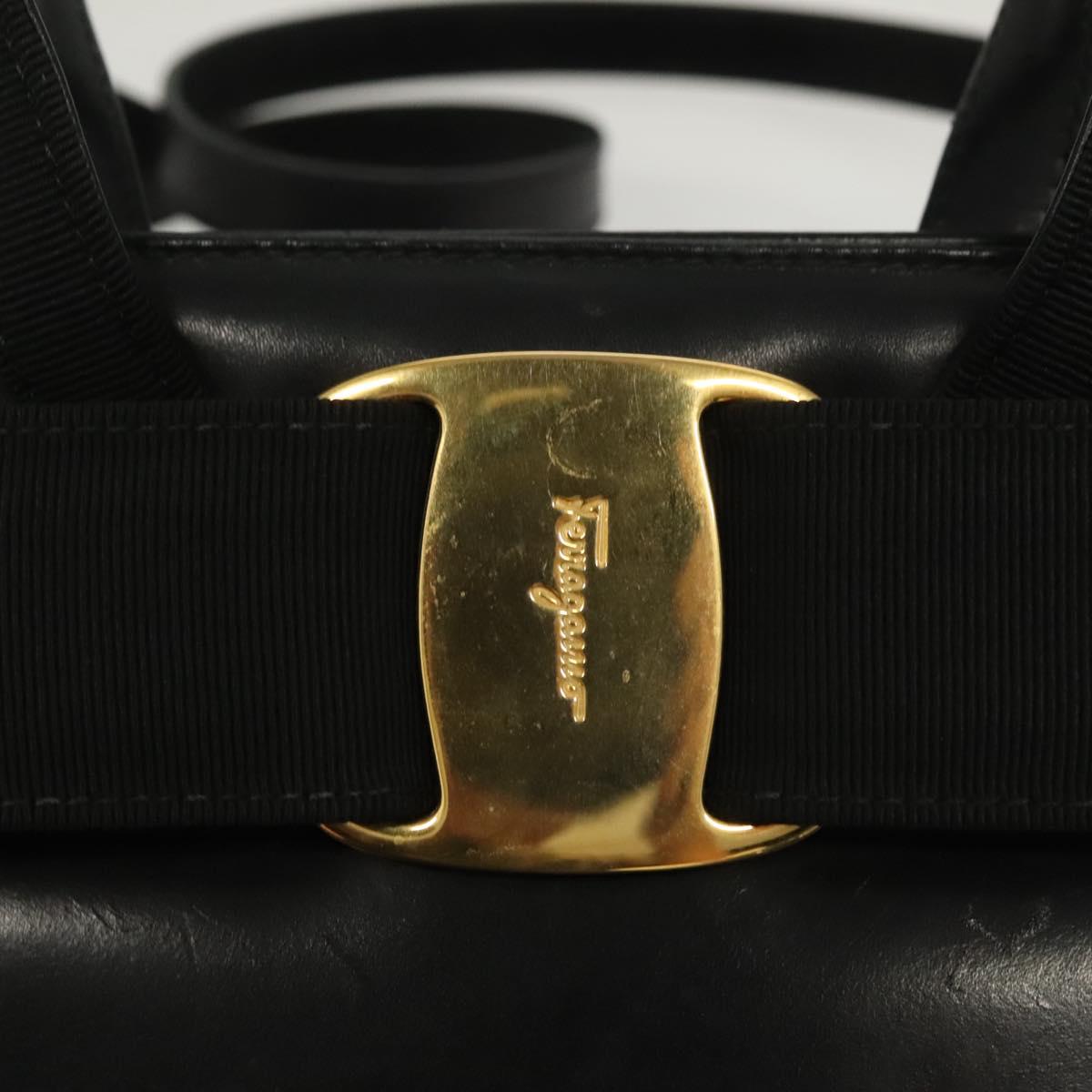 Salvatore Ferragamo Vala Hand Bag Leather 2way Black Gold Auth 131185
