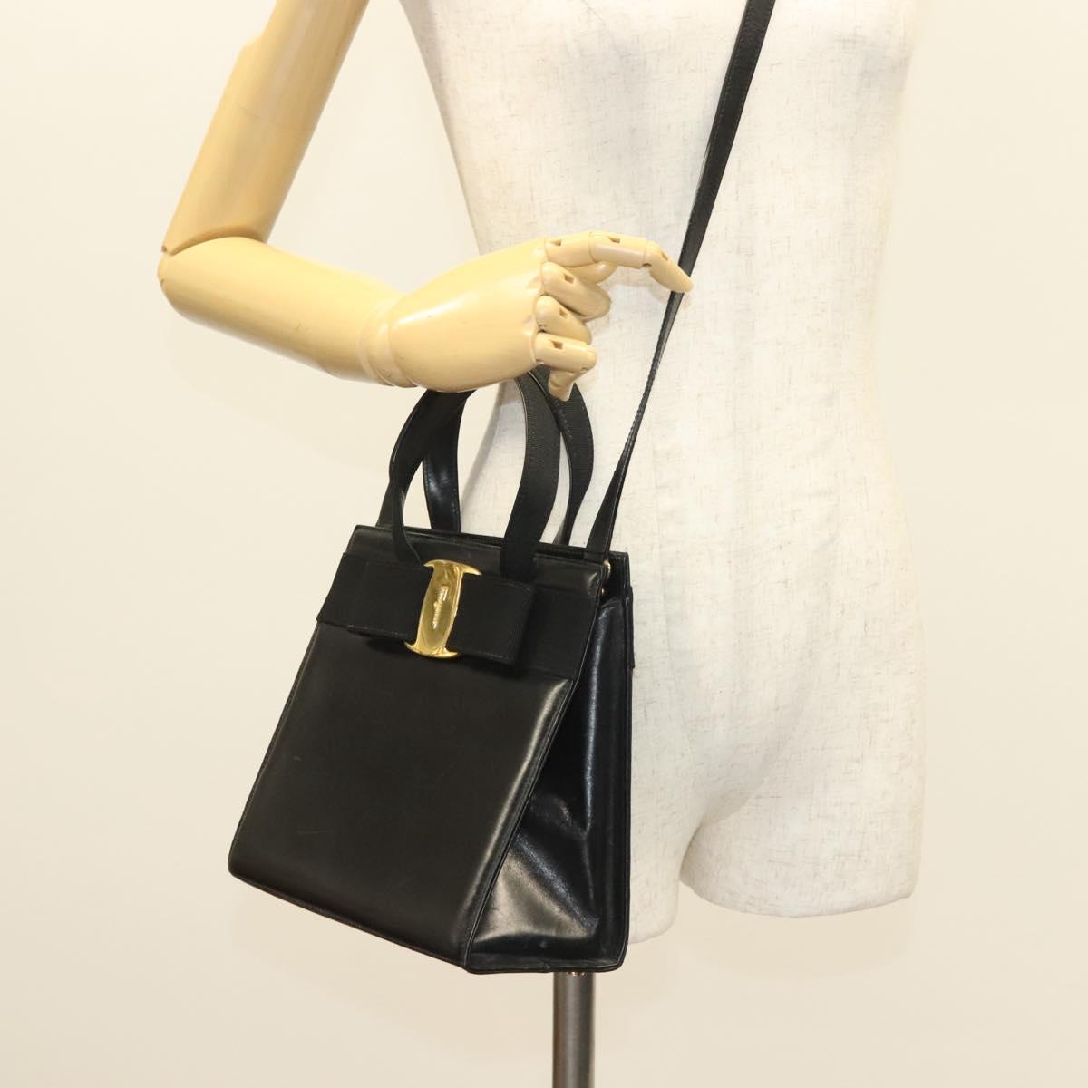 Salvatore Ferragamo Vala Hand Bag Leather 2way Black Gold Auth 131185