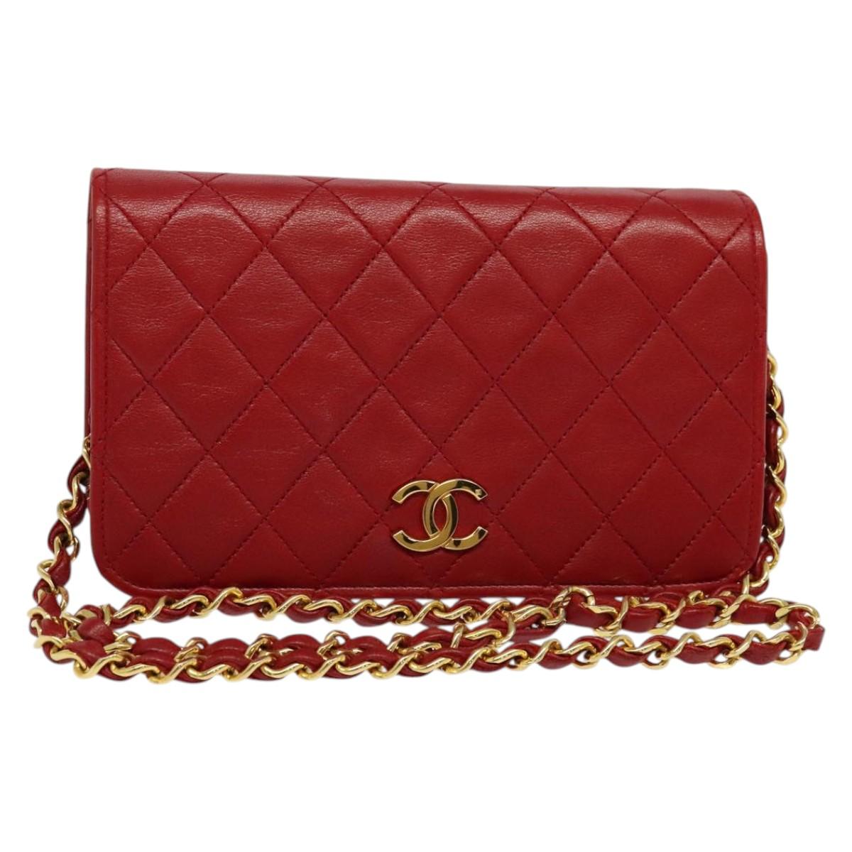 CHANEL Matelasse Chain Shoulder Bag Lamb Skin Red Gold CC Auth 131345