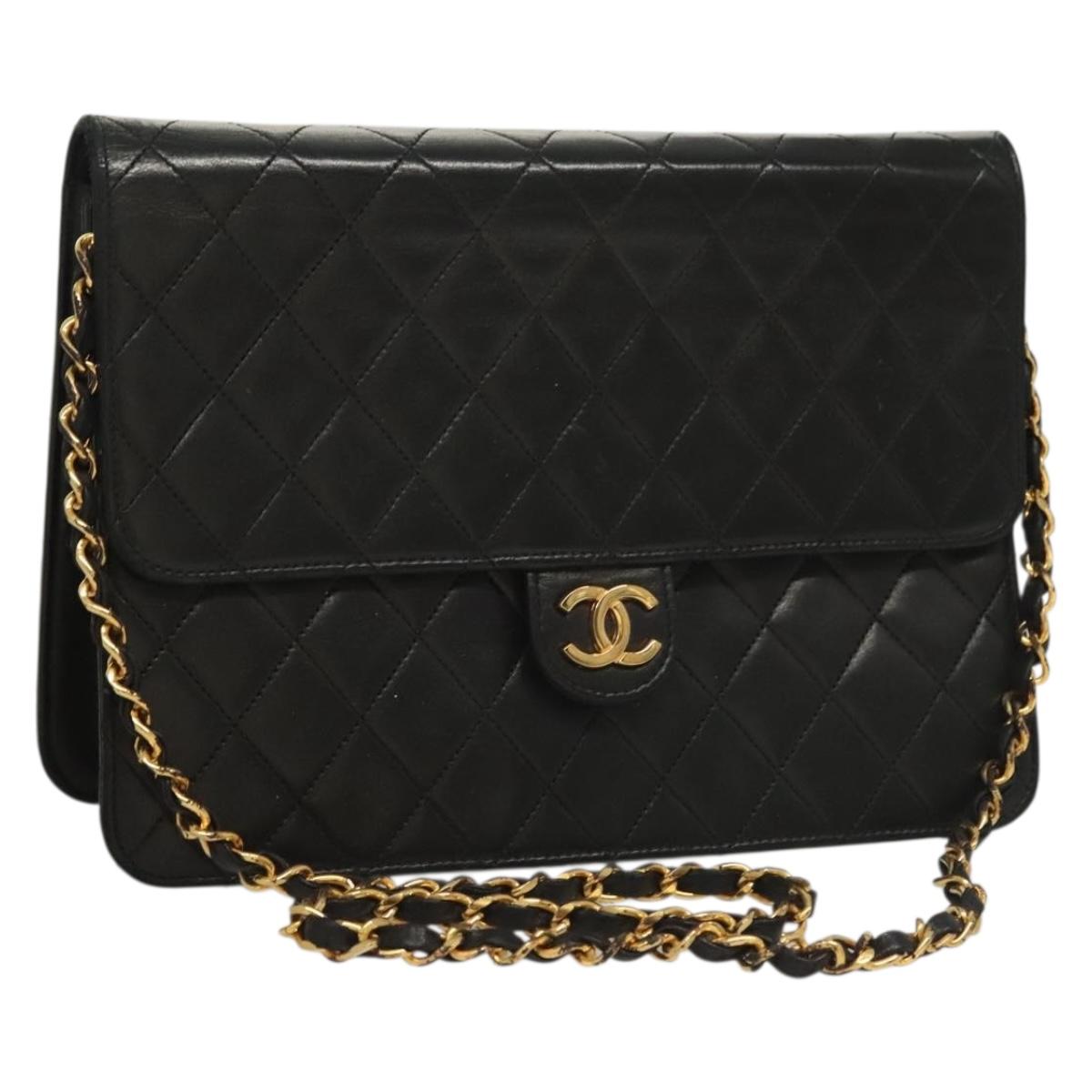 CHANEL Matelasse Chain Shoulder Bag Lamb Skin Black Gold CC Auth 131347
