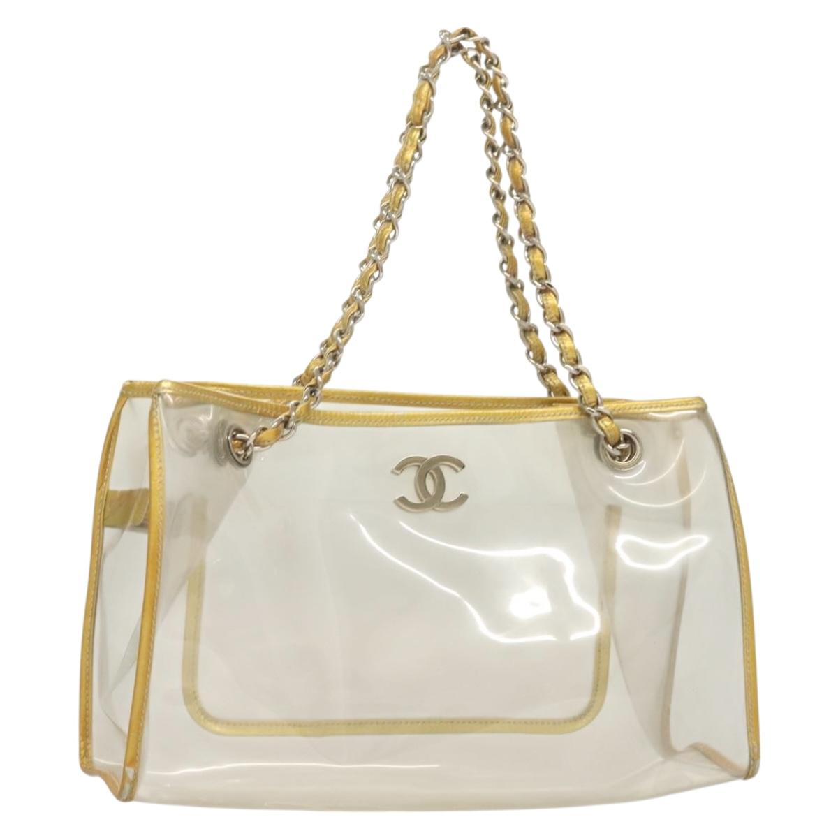 CHANEL Chain Tote Bag Vinyl Leather Clear Gold Silver CC Auth 131349