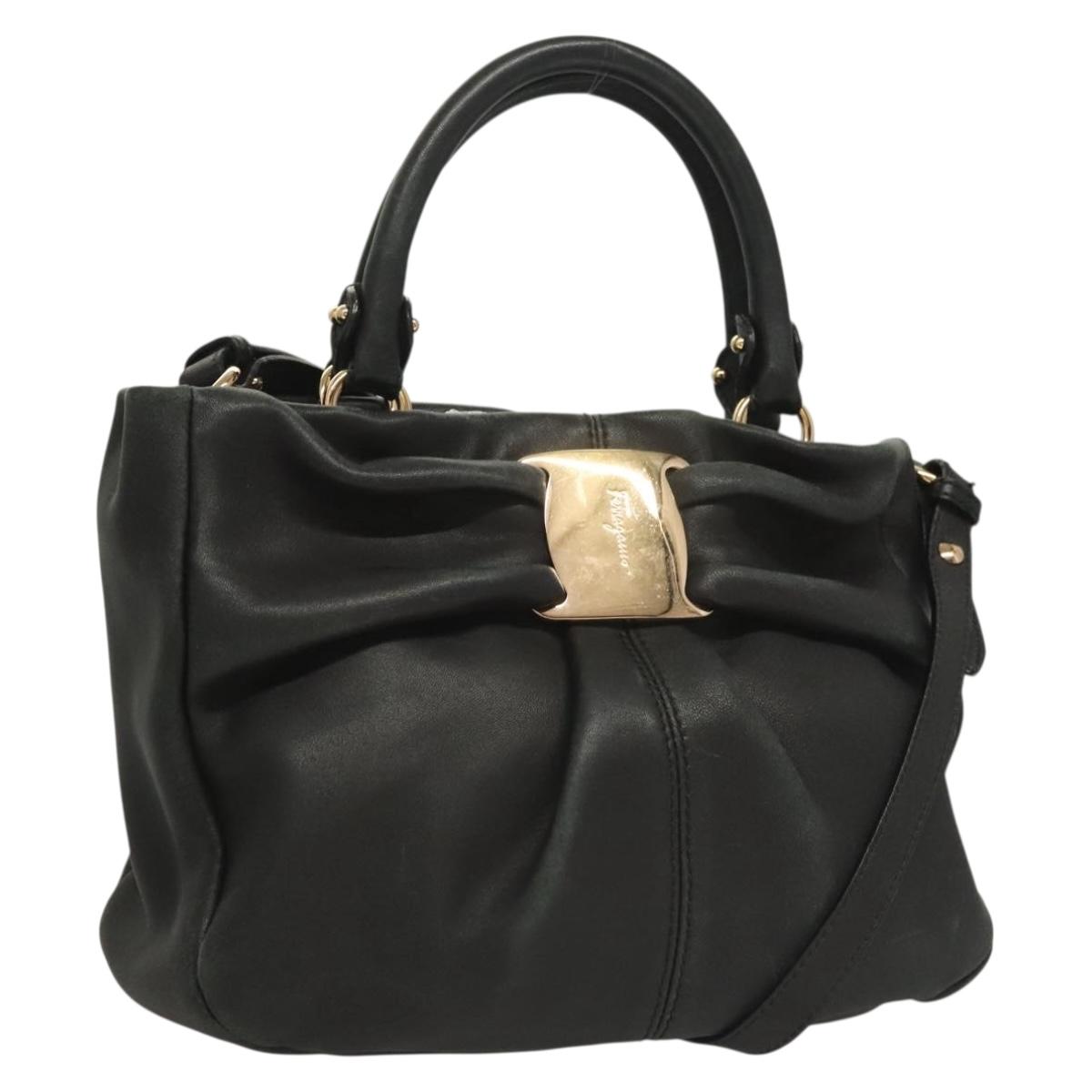 Salvatore Ferragamo Vala Hand Bag Leather 2way Black Gold Auth 131359