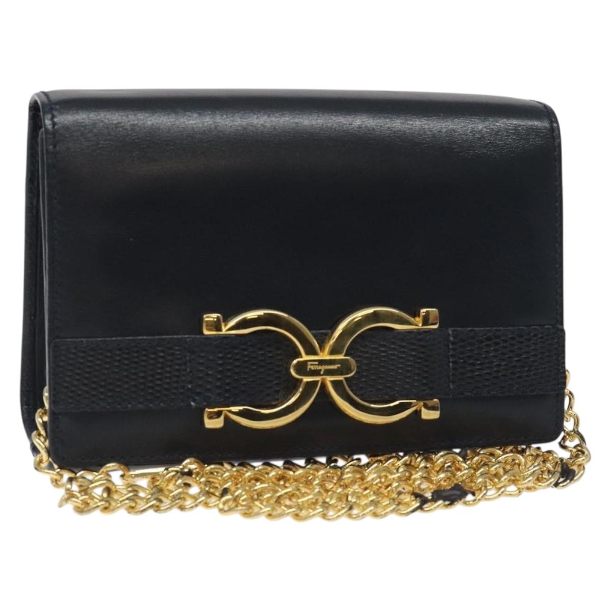 Salvatore Ferragamo Gancini Chain Shoulder Bag Leather Navy Gold Auth 131360