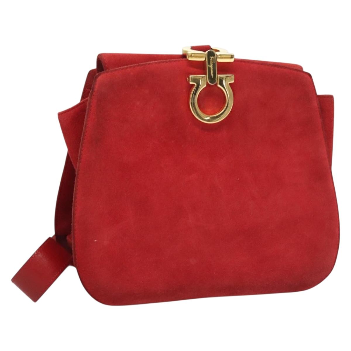 Salvatore Ferragamo Gancini Shoulder Bag Suede Red Gold Auth 131361