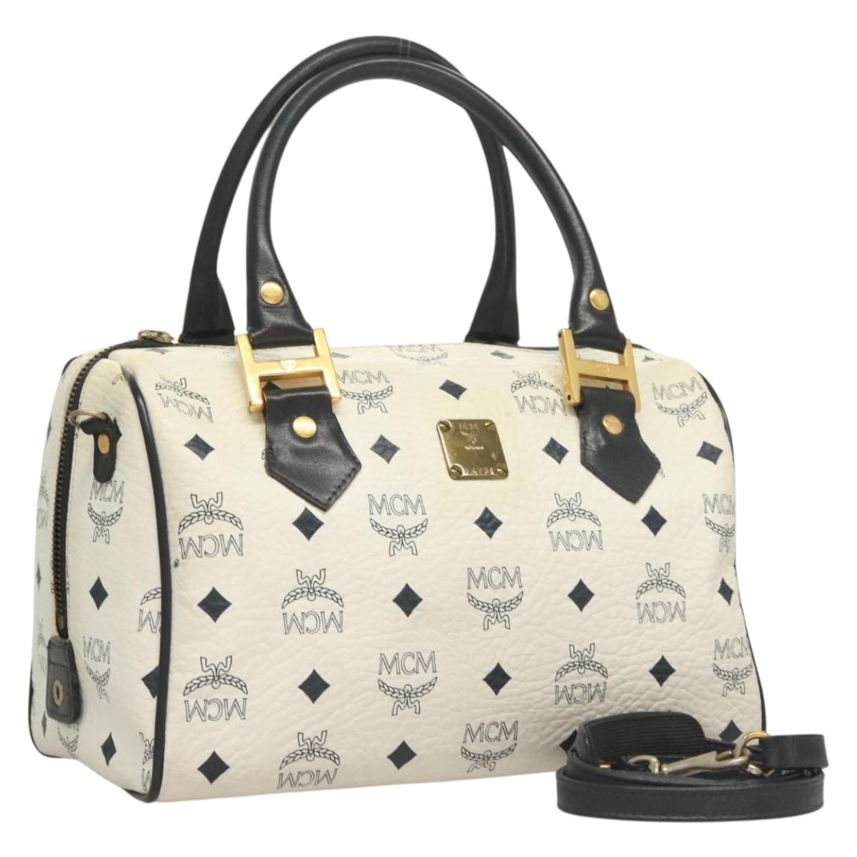 MCM Logogram Vicetos Boston Bag PVC Leather 2way White Gold Auth 131369