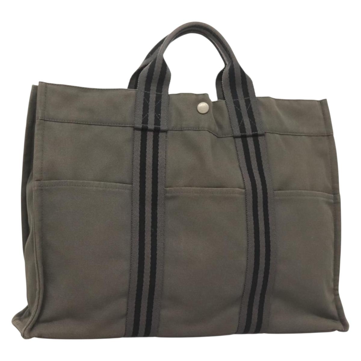 HERMES Fourre Tout MM Hand Bag Canvas Gray Silver Auth 131380