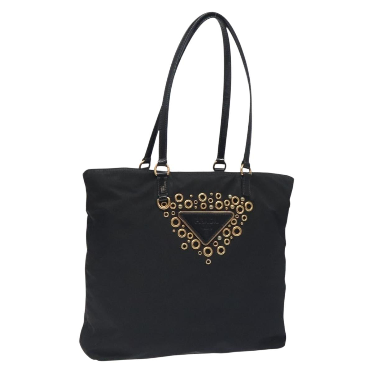 PRADA Hand Bag Nylon Black Gold Auth 131421