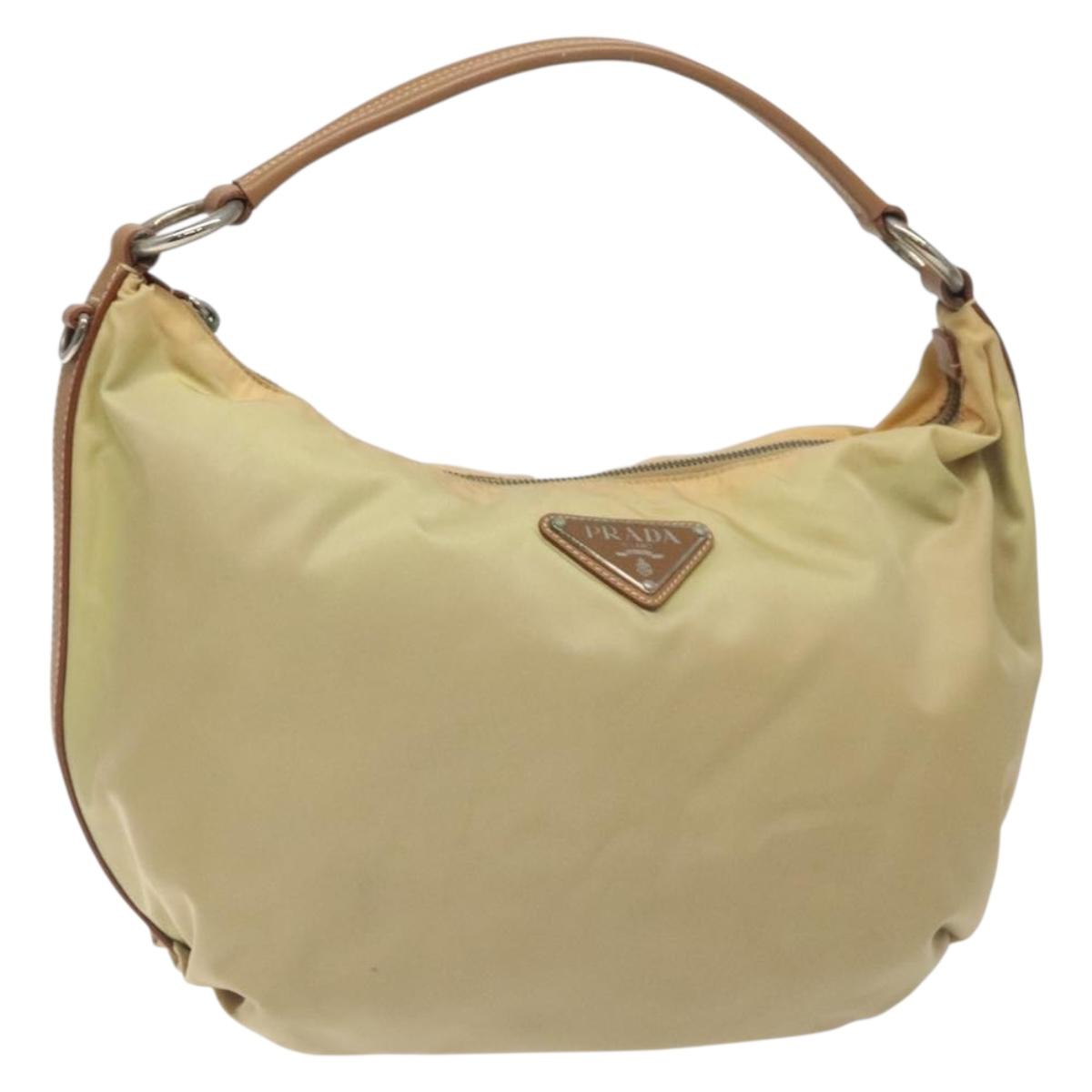 PRADA Shoulder Bag Nylon Leather Beige Silver Auth 131422
