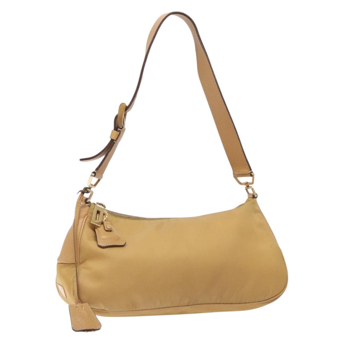 PRADA Shoulder Bag Nylon Beige Gold Auth 131423