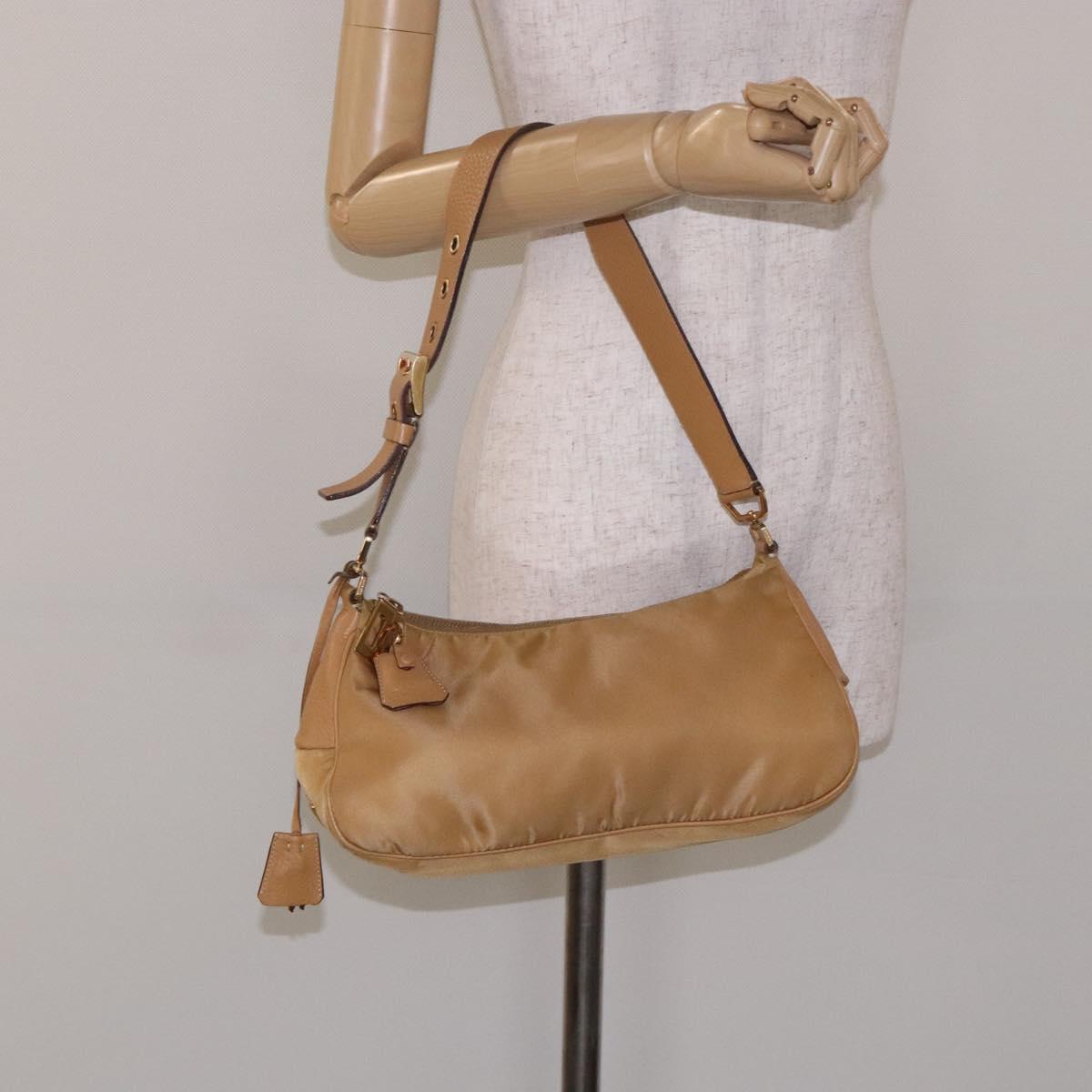 PRADA Shoulder Bag Nylon Beige Gold Auth 131423