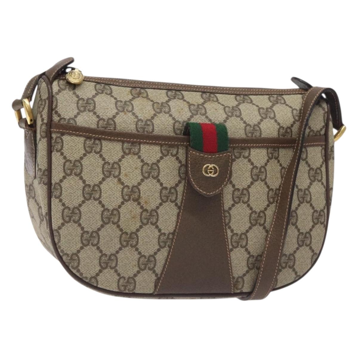 GUCCI GG Supreme Web Sherry Line Shoulder Bag PVC Beige Gold Auth 131426