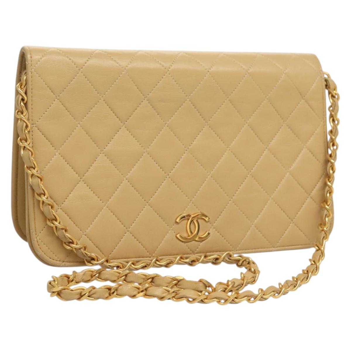 CHANEL Matelasse Chain Shoulder Bag Lamb Skin Beige Gold CC Auth 131435