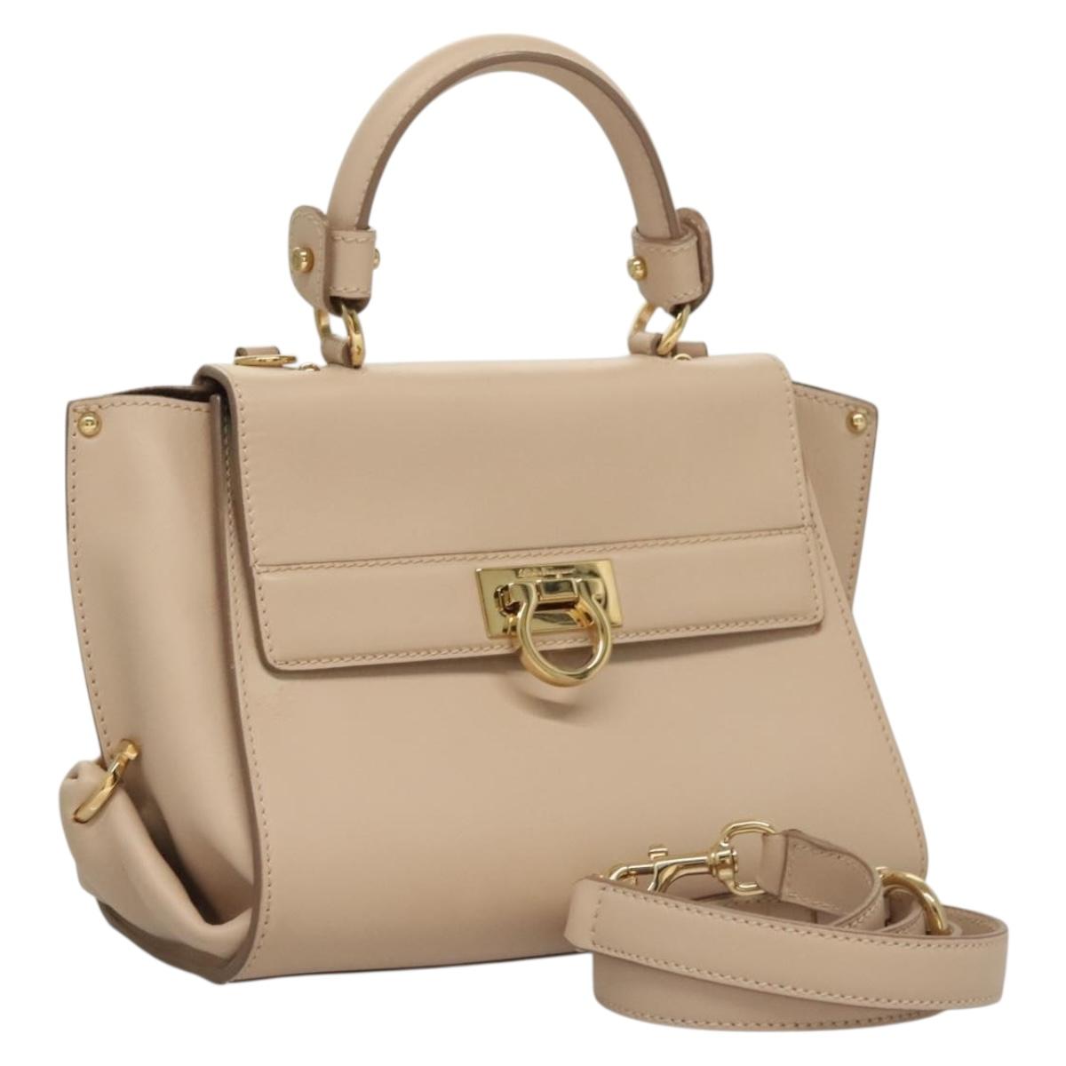Salvatore Ferragamo Gancini Sofia Hand Bag Leather 2way Beige Gold Auth 131462