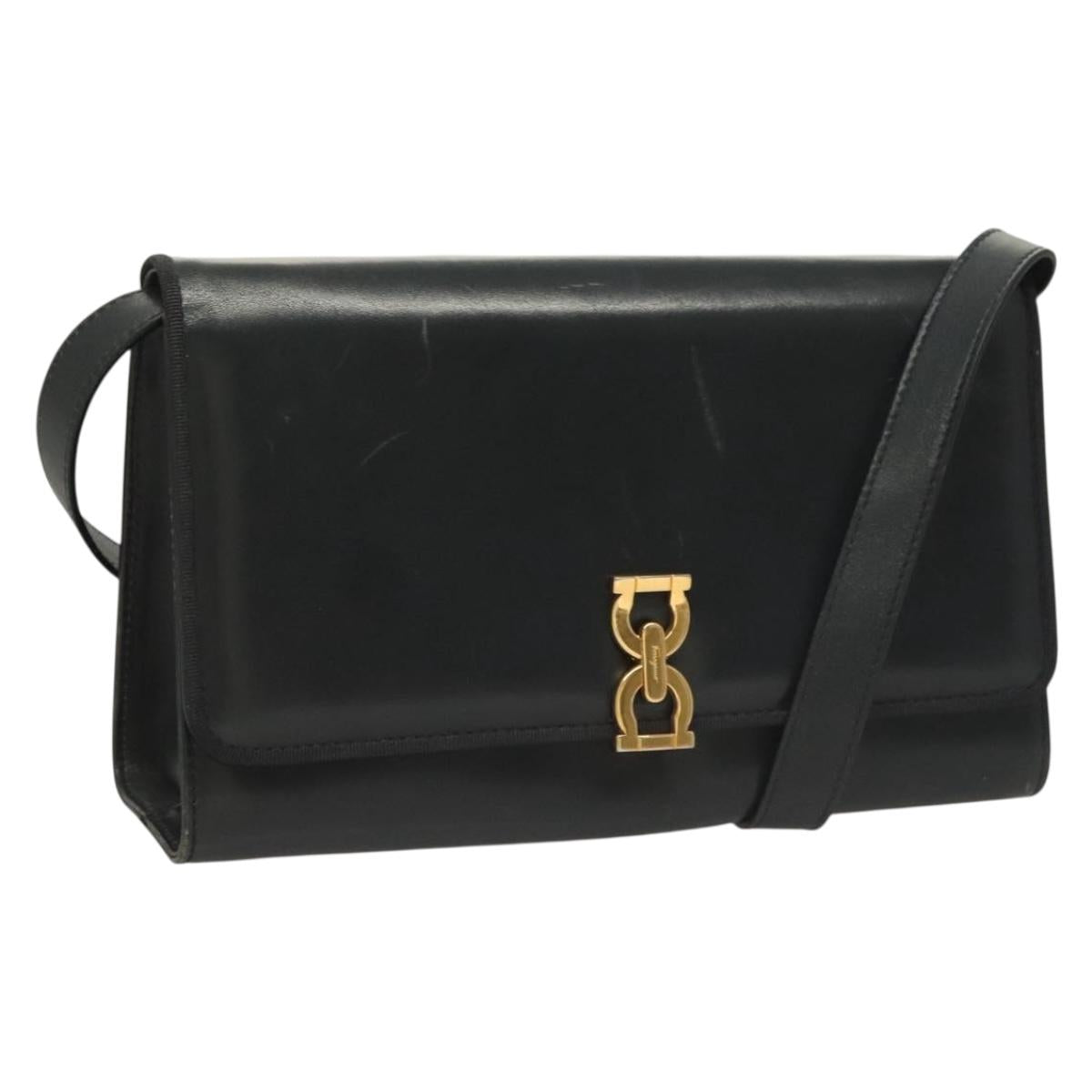 Salvatore Ferragamo Gancini Shoulder Bag Leather Navy Gold Auth 131463