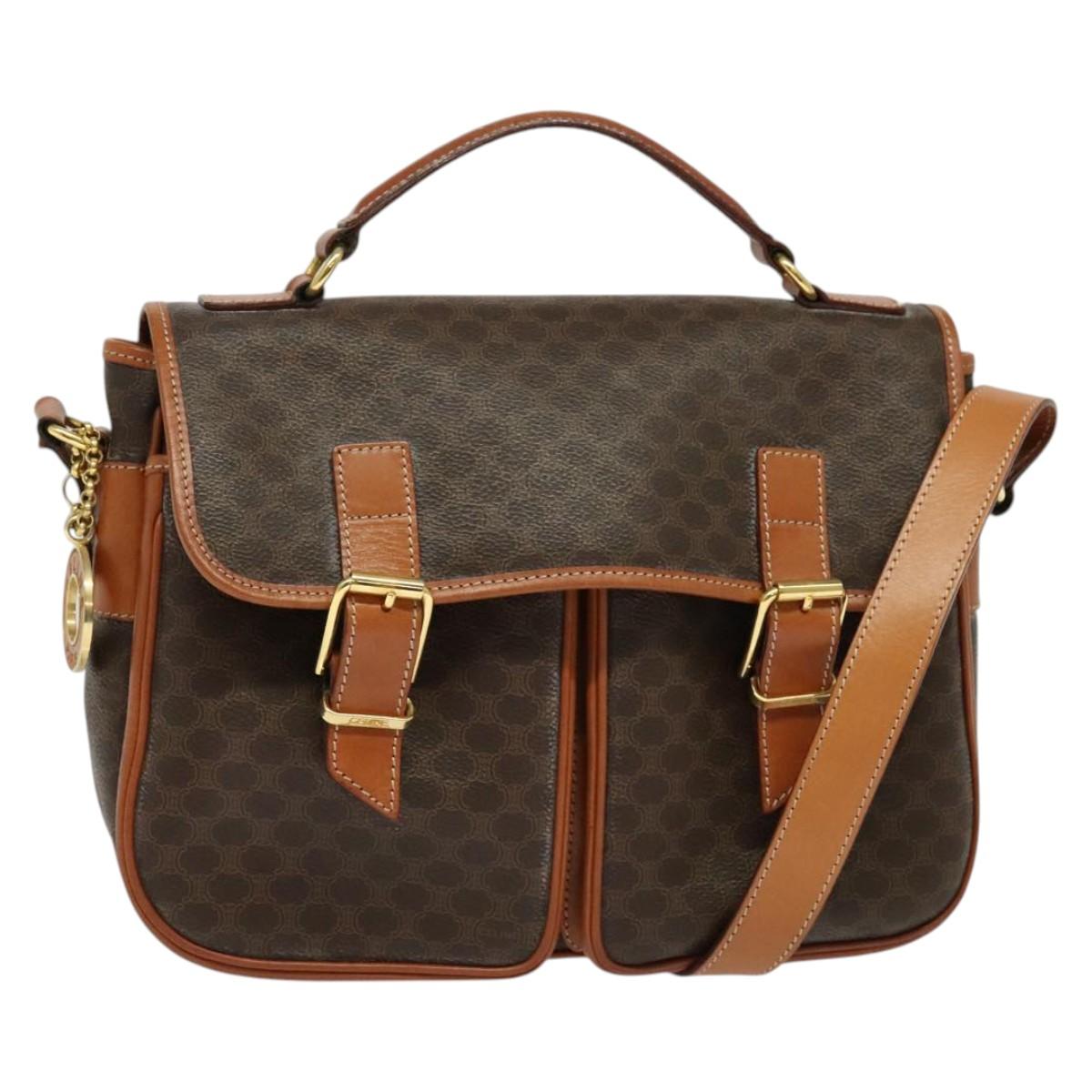 CELINE Macadam Canvas Hand Bag PVC Leather 2way Brown Gold Auth 131464