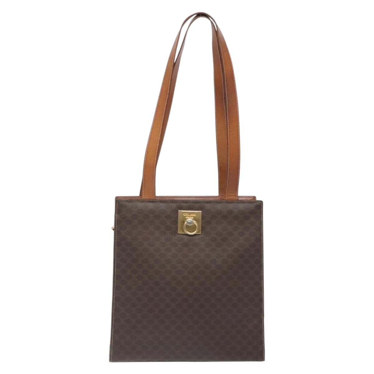 CELINE Macadam Canvas Shoulder Bag PVC Leather Brown Gold Auth 131465