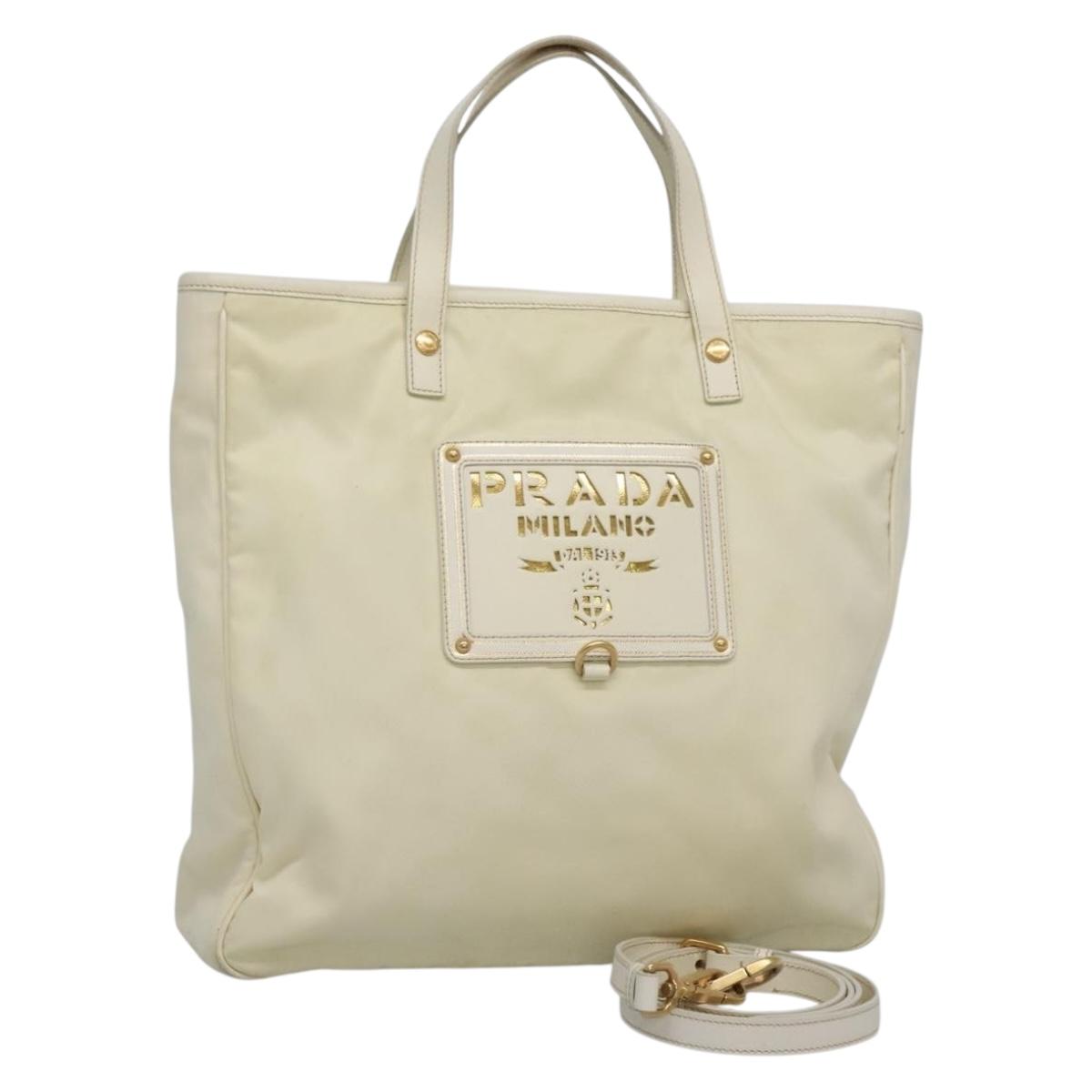 PRADA Hand Bag Nylon 2way White Gold Auth 131467