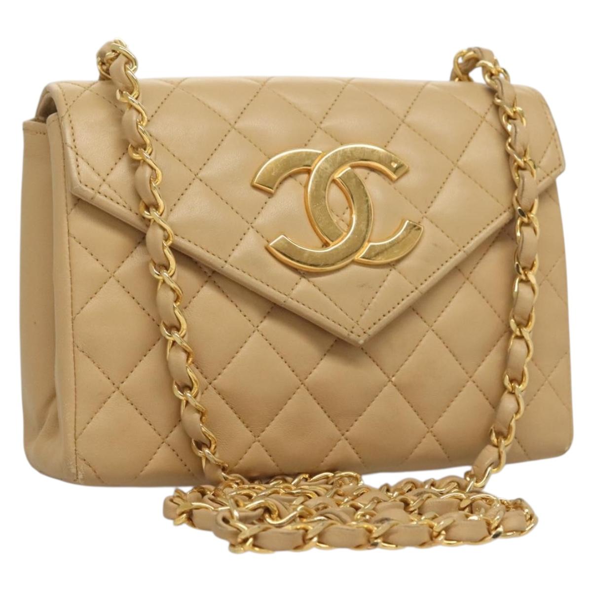 CHANEL Matelasse Chain Shoulder Bag Lamb Skin Beige Gold CC Auth 131469