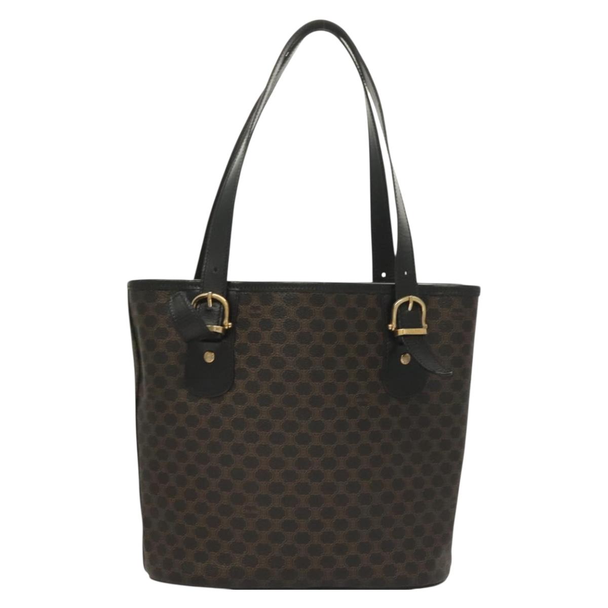 CELINE Macadam Canvas Tote Bag PVC Leather Black Gold Auth 131476