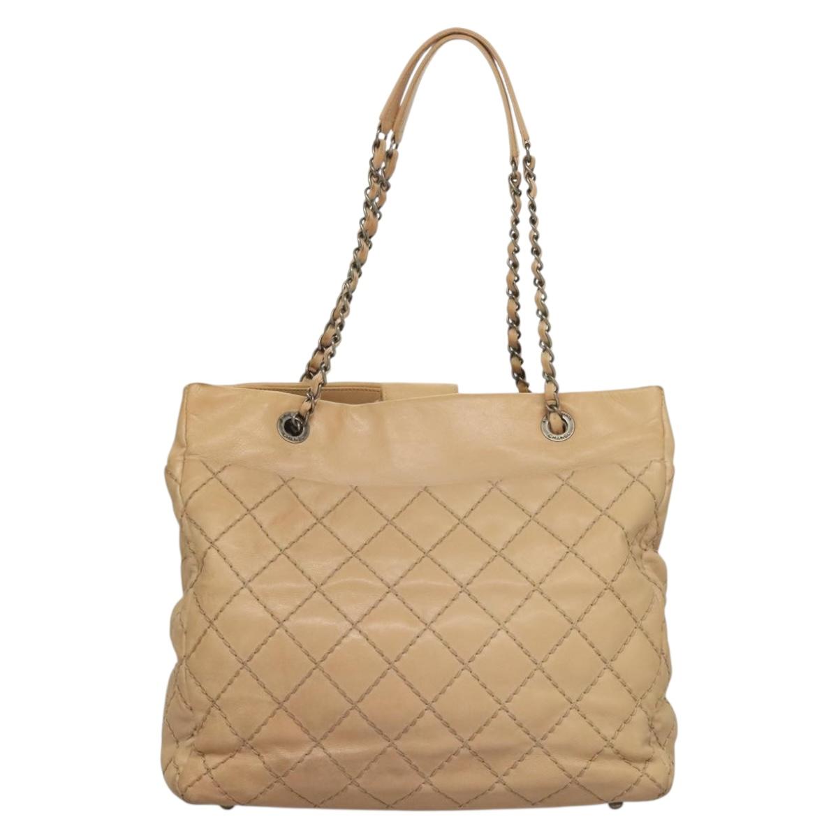 CHANEL Wild Stitch Chain Shoulder Bag Leather Beige CC Auth 131489