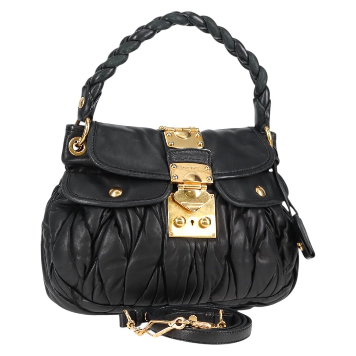 Miu Miu Matelasse Hand Bag Leather 2way Black Gold Auth 131548V