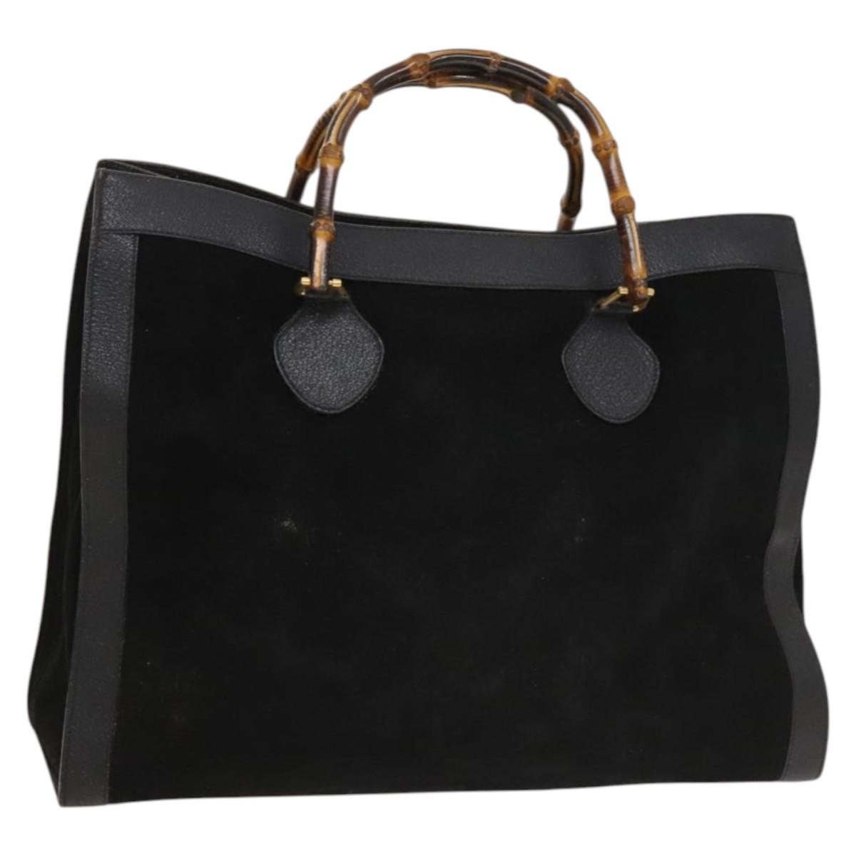 GUCCI Bamboo Hand Bag Suede Leather Black Gold Auth 131557