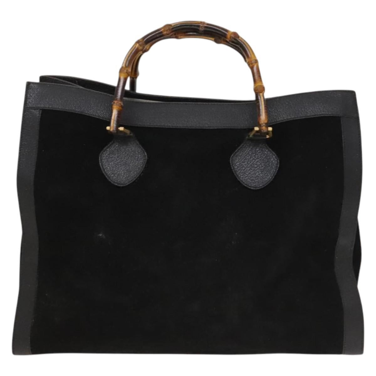 GUCCI Bamboo Hand Bag Suede Leather Black Gold Auth 131557