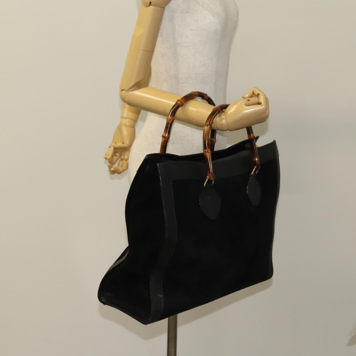 GUCCI Bamboo Hand Bag Suede Leather Black Gold Auth 131557