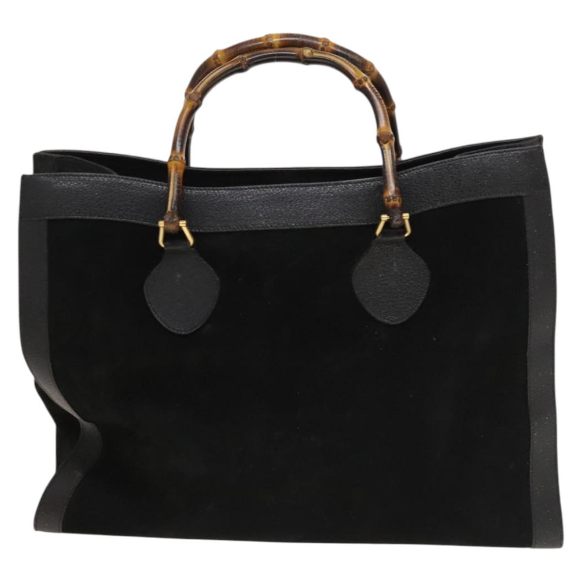 GUCCI Bamboo Hand Bag Suede Leather Black Gold Auth 131557