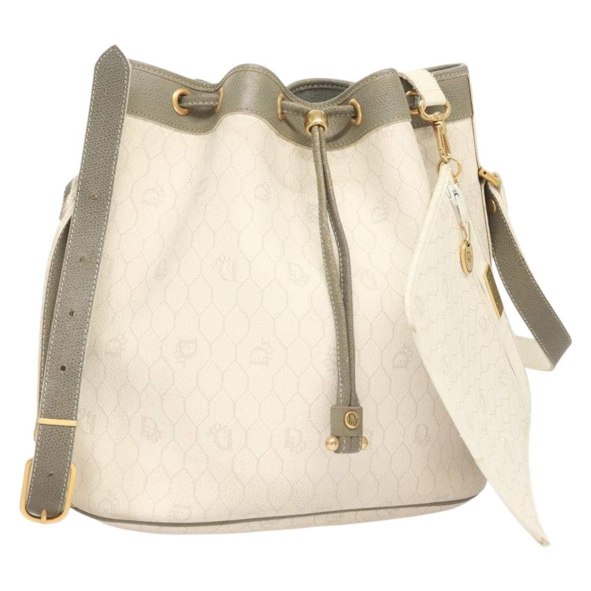 Christian Dior Honeycomb Canvas Shoulder Bag PVC White Gold Auth 131585