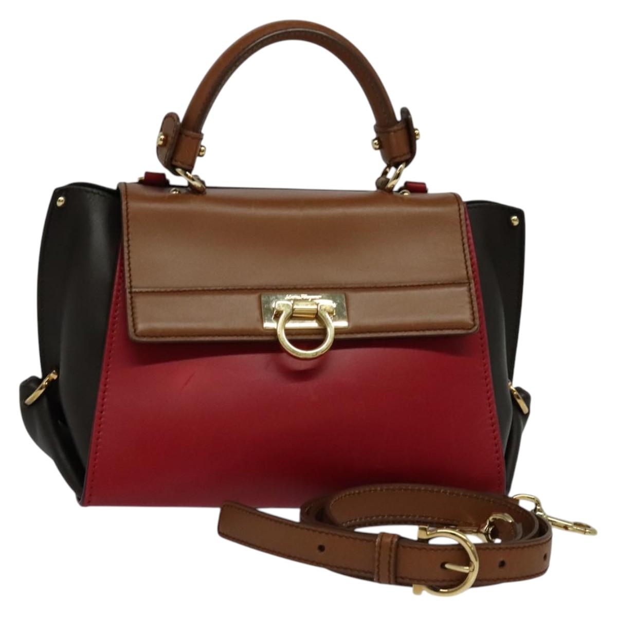 Salvatore Ferragamo Gancini Hand Bag Leather 2way Red Gold Auth 131642