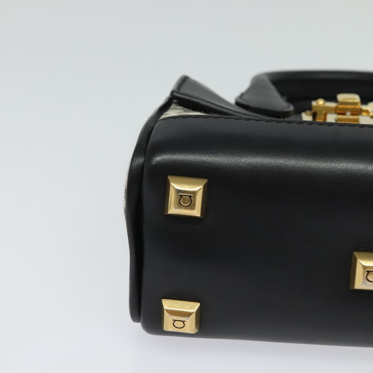 Salvatore Ferragamo Gancini Hand Bag Leather 2way Black Gold Auth 131643V