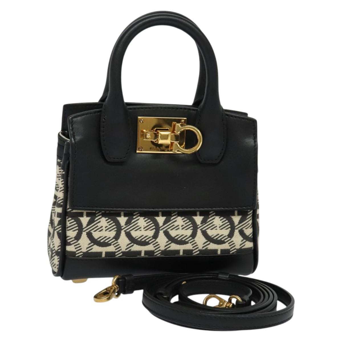 Salvatore Ferragamo Gancini Hand Bag Leather 2way Black Gold Auth 131643V