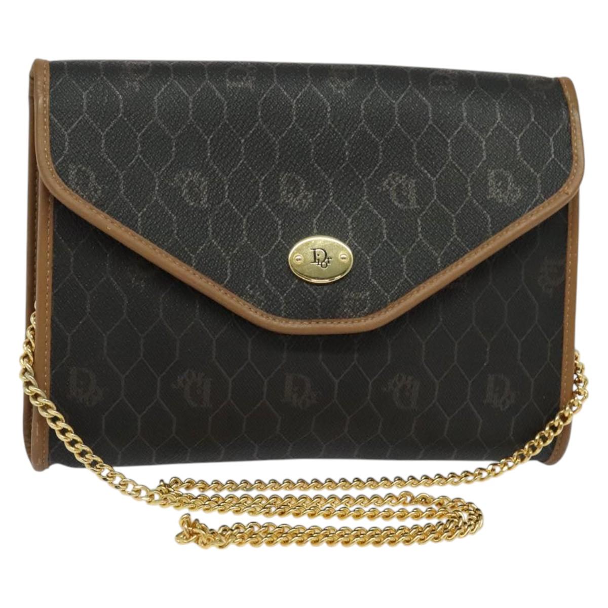 Christian Dior Honeycomb Canvas Chain Shoulder Bag PVC Black Gold Auth 131684