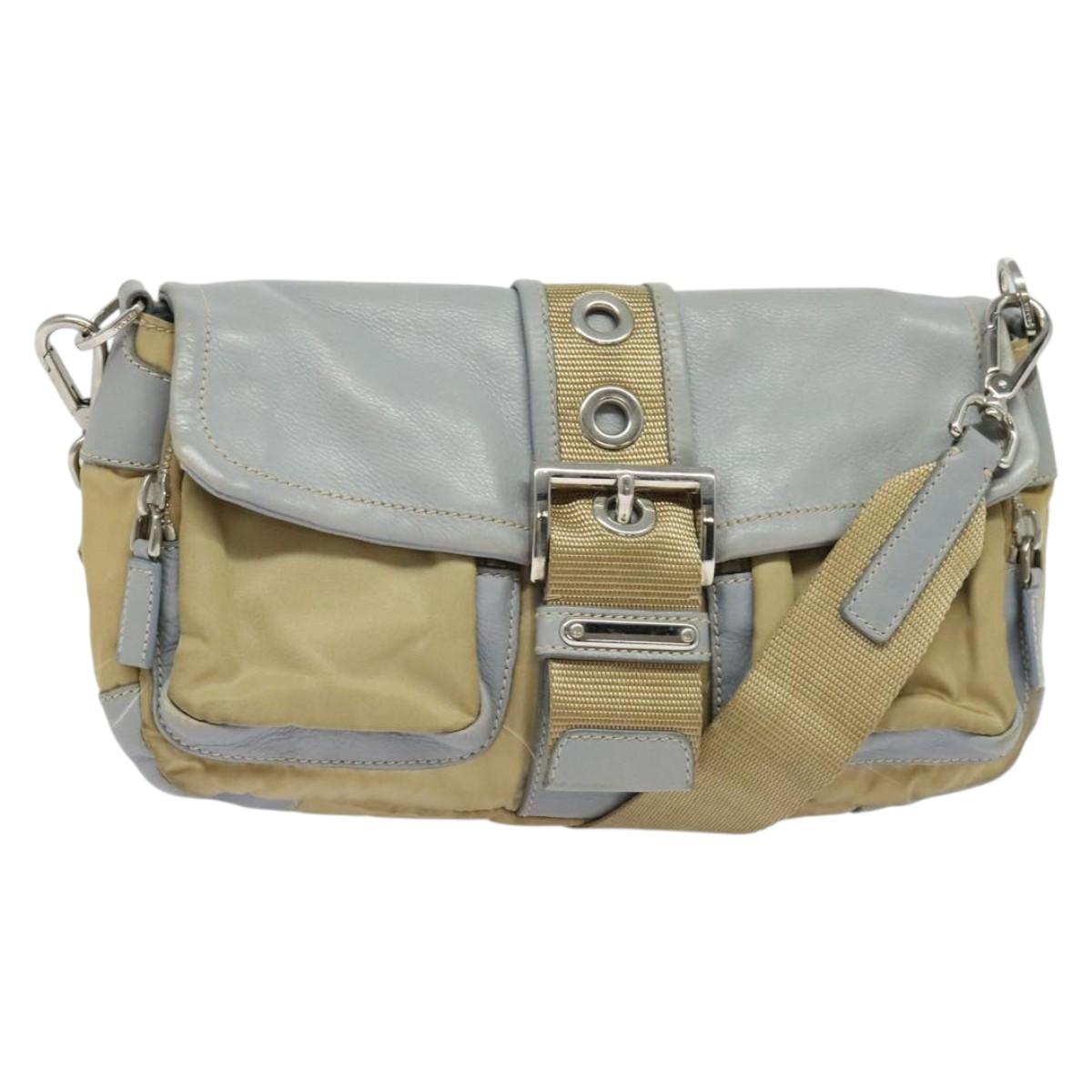 PRADA Shoulder Bag Nylon Leather Beige Silver Auth 131694