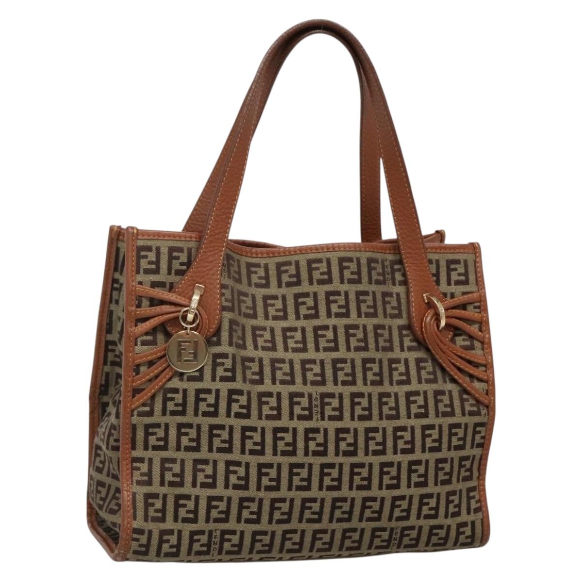 FENDI Zucchino Canvas Hand Bag Beige Gold Auth 131697