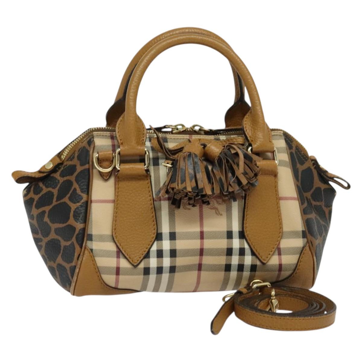 BURBERRY Nova Check Hand Bag PVC 2way Beige Gold Auth 131703
