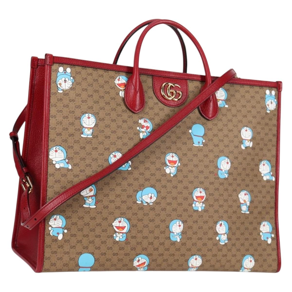 GUCCI Micro GG Supreme Doraemon Hand Bag PVC 2way Brown Gold 653952 Auth 131782A
