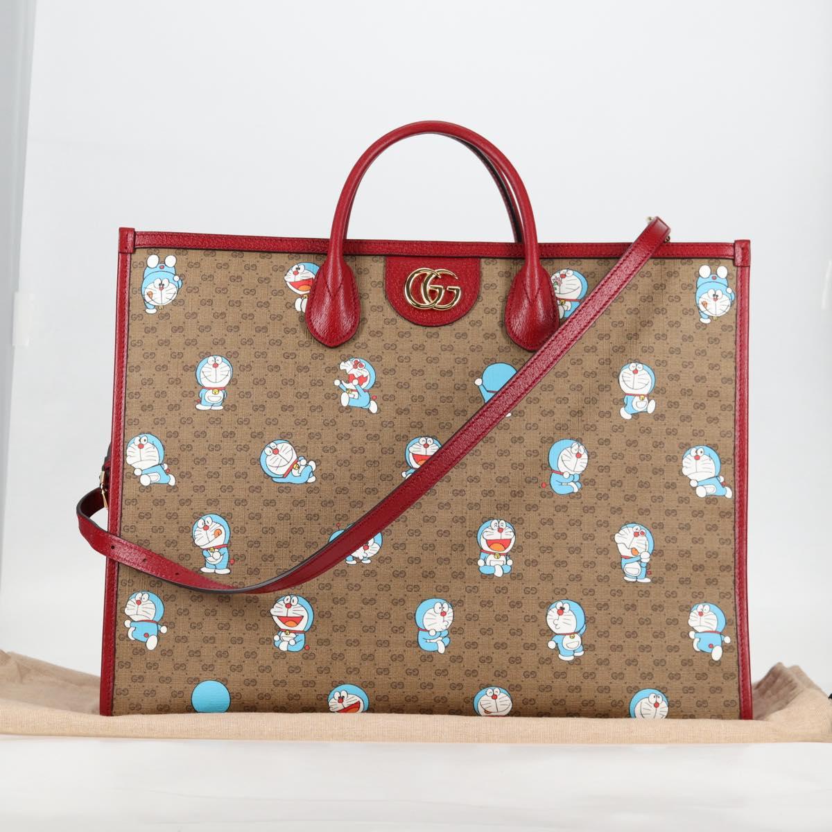 GUCCI Micro GG Supreme Doraemon Hand Bag PVC 2way Brown Gold 653952 Auth 131782A