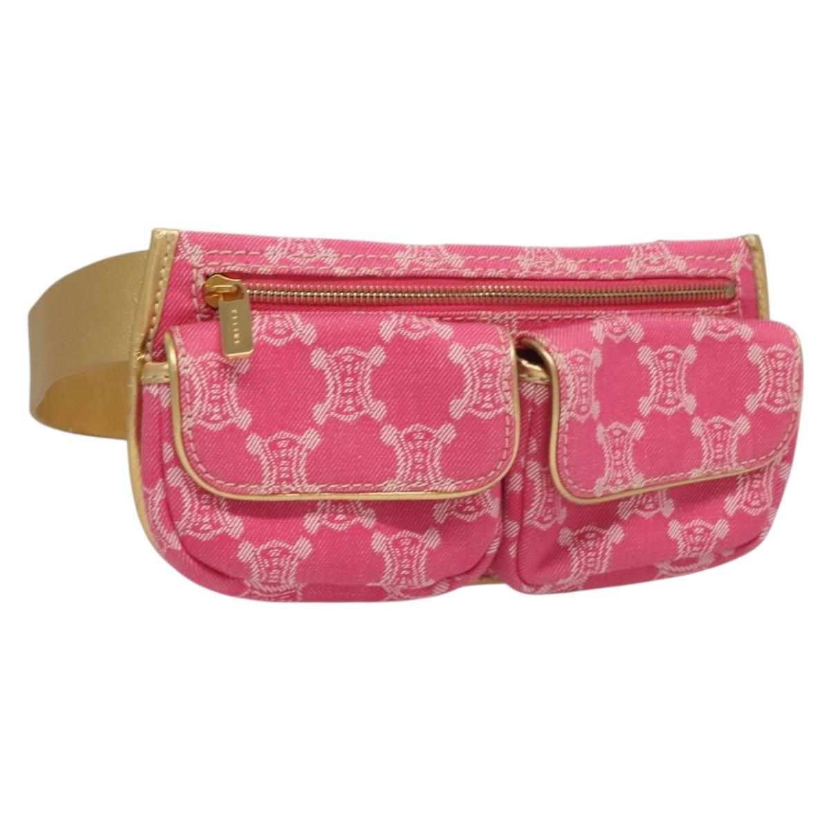 CELINE Paris Macadam Canvas Body Bag Denim Pink Gold Auth 131795