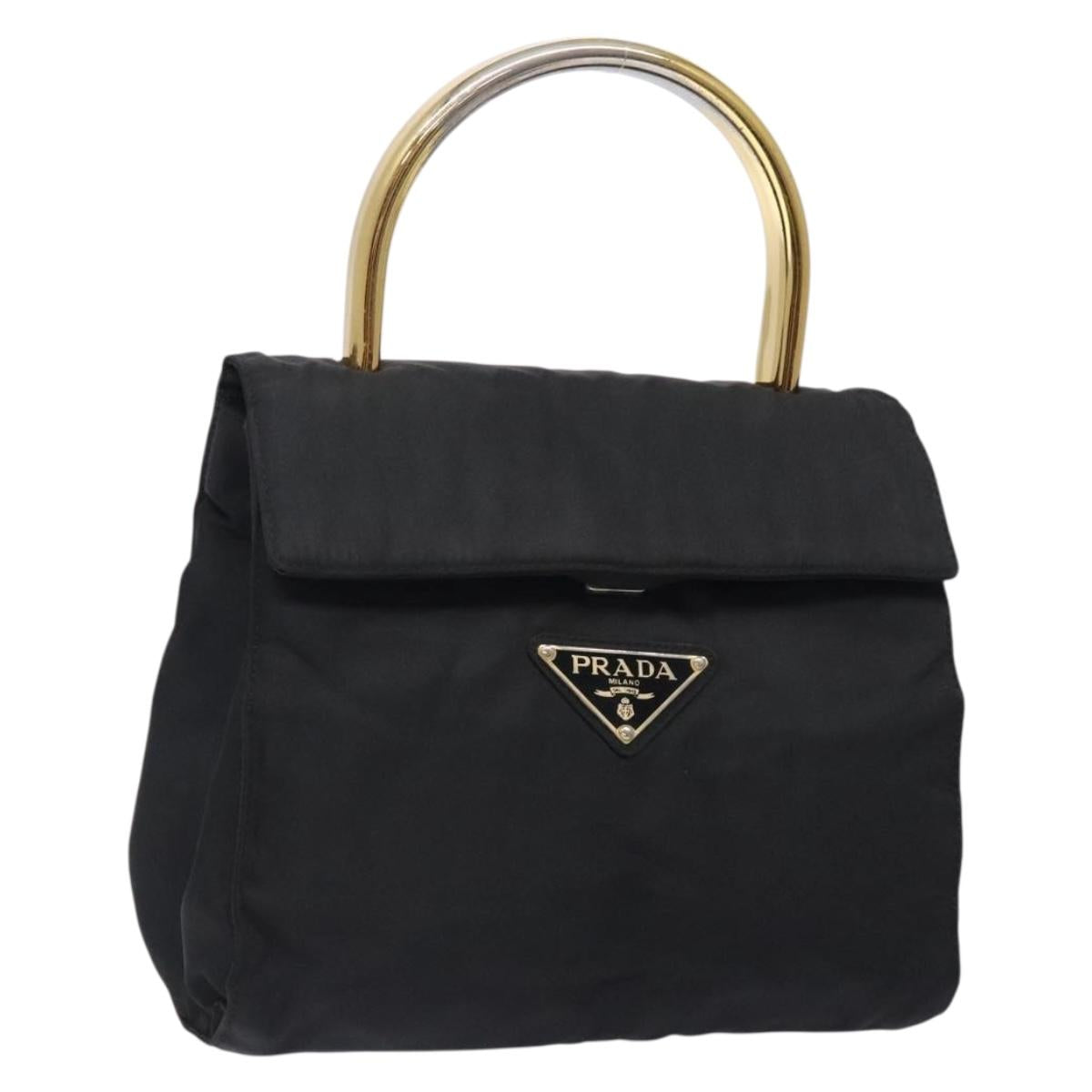 PRADA Hand Bag Nylon Black Gold Auth 131867