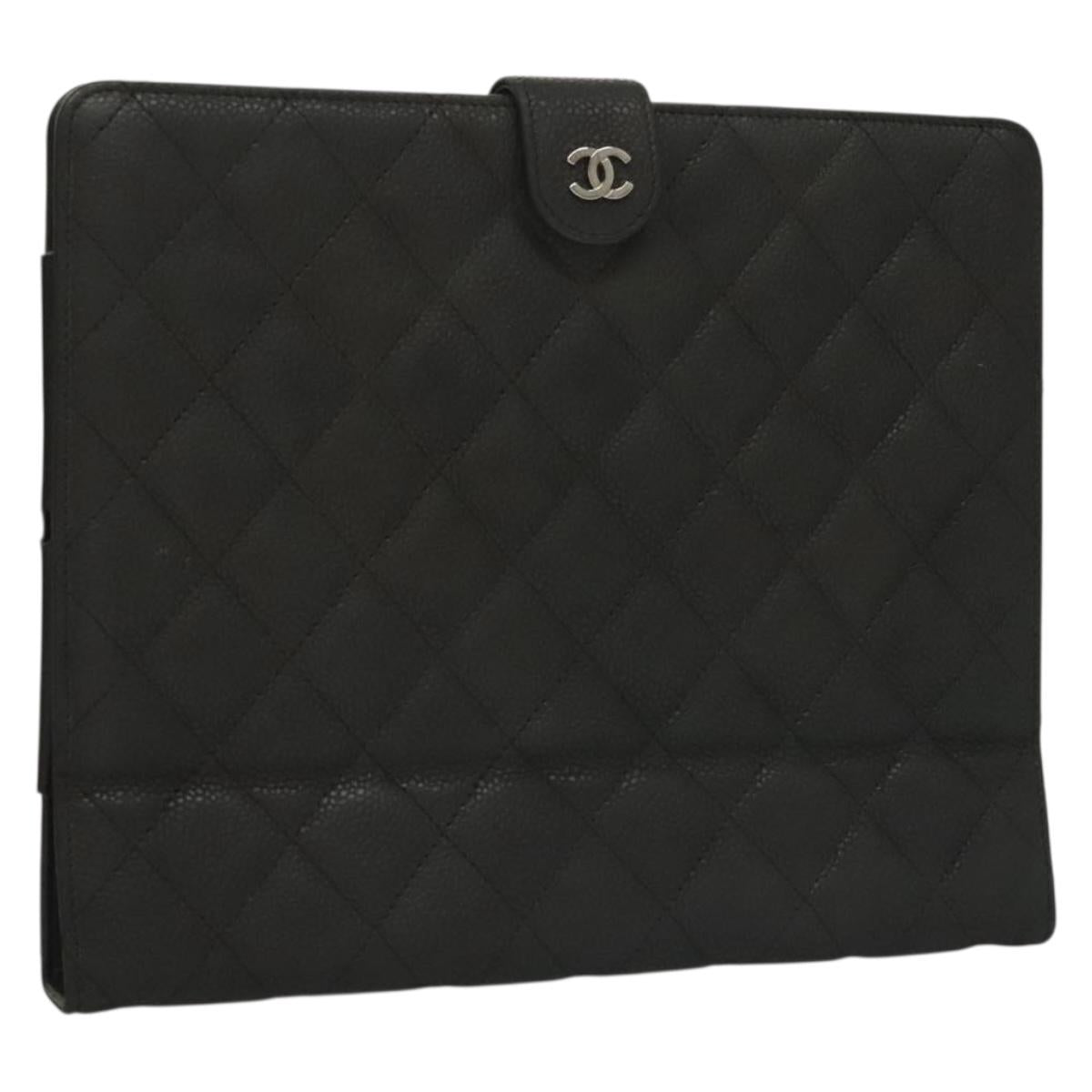 CHANEL iPad Case Caviar Skin Black CC Auth 131907