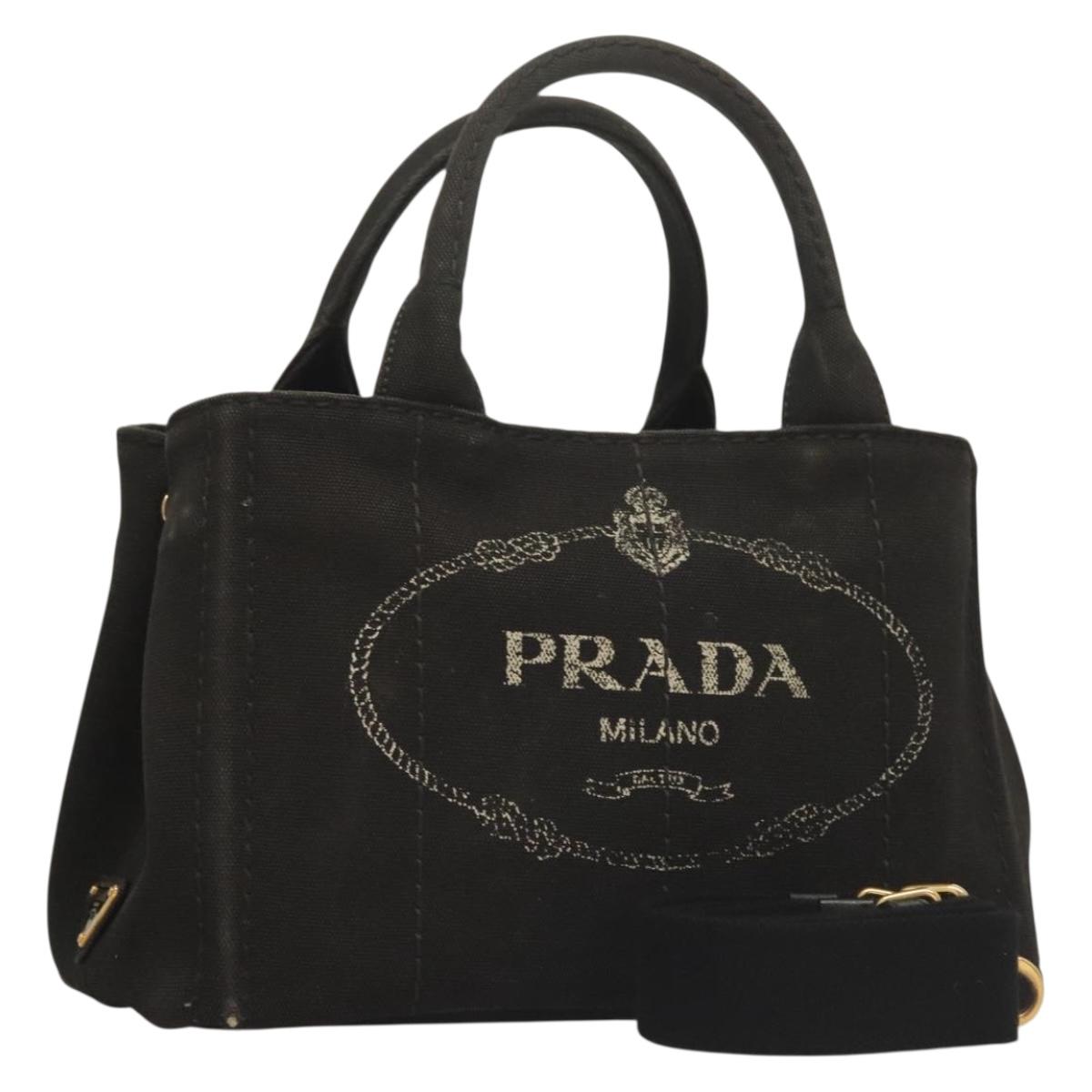PRADA Canapa PM Hand Bag Canvas 2way Black Gold Auth 131922